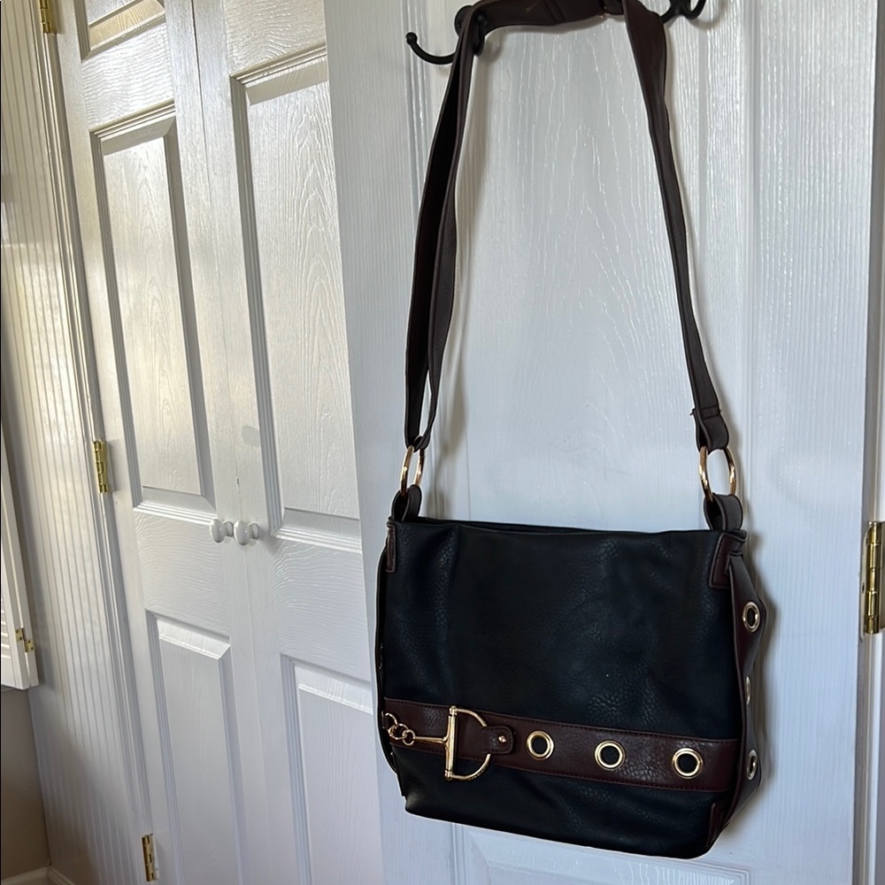Black and Brown Shoulder Bag with Gold Accents